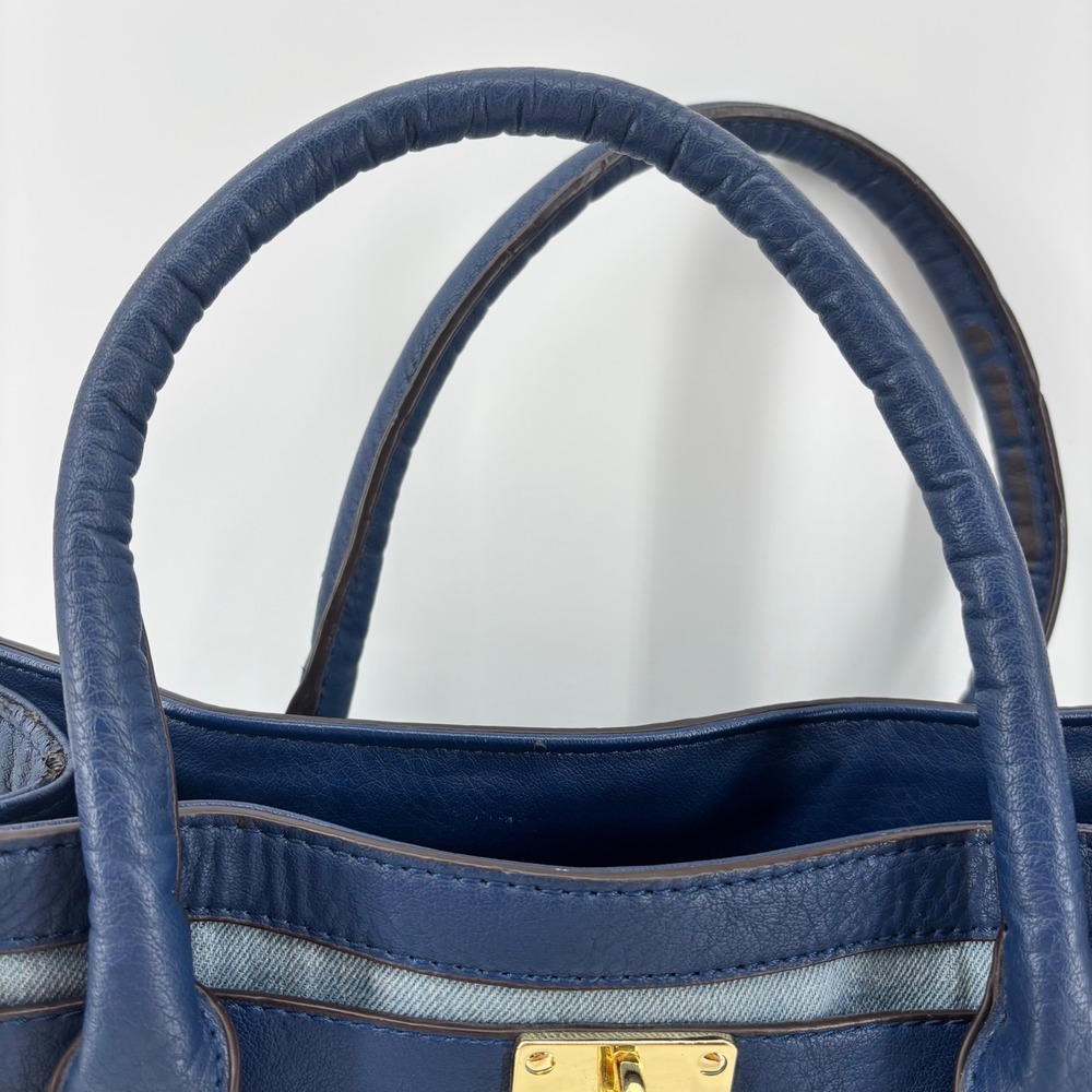 Charming Charlie Navy Blue Faux Leather and Denim Satchel Crossbody Bag Gold - Picture 2 of 12